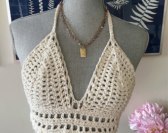 Boho Crochet Bralette Halter Top Recycled Yarn Adjustable Ties Crocheted Bohemian Bra