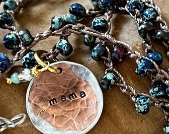 Dainty Mama Necklace Blue Swirl Beaded Boho Crochet and Hand Stamped Penny Pendant Spotted Picasso Glass Beads Hook and Eye Closure