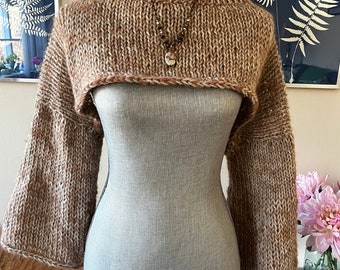 Cream and Pale Peach Marled Mohair Wool Knit Shrug Sleeves Pullover Cozy Cropped Mock Neck Sweater Extra Small to Small