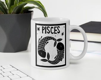 Hand Carved Linoleum Print Pisces Zodiac Coffee Mug Tea Cup