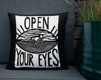 Open Your Eyes Hand Carved Art Print Throw Pillow 18 Inch Square