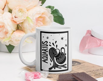 Hand Carved Linoleum Print Aquarius Zodiac Coffee Mug Tea Cup