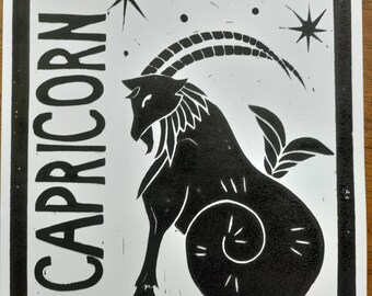 Capricorn zodiac sign original linocut artwork print 8×10