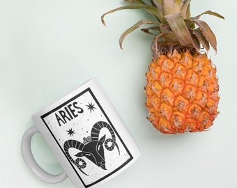 Hand Carved Linoleum Print Aries Zodiac Coffee Mug Tea Cup