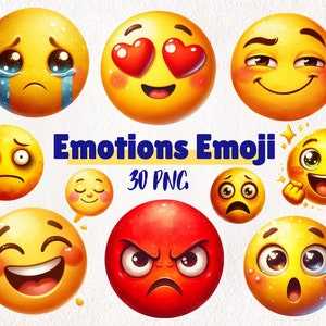 Emoji de emociones faciales en acuarela, imágenes prediseñadas / Cara linda / 40 PNG descarga instantánea / Caras de emociones pintadas a mano para proyectos creativos