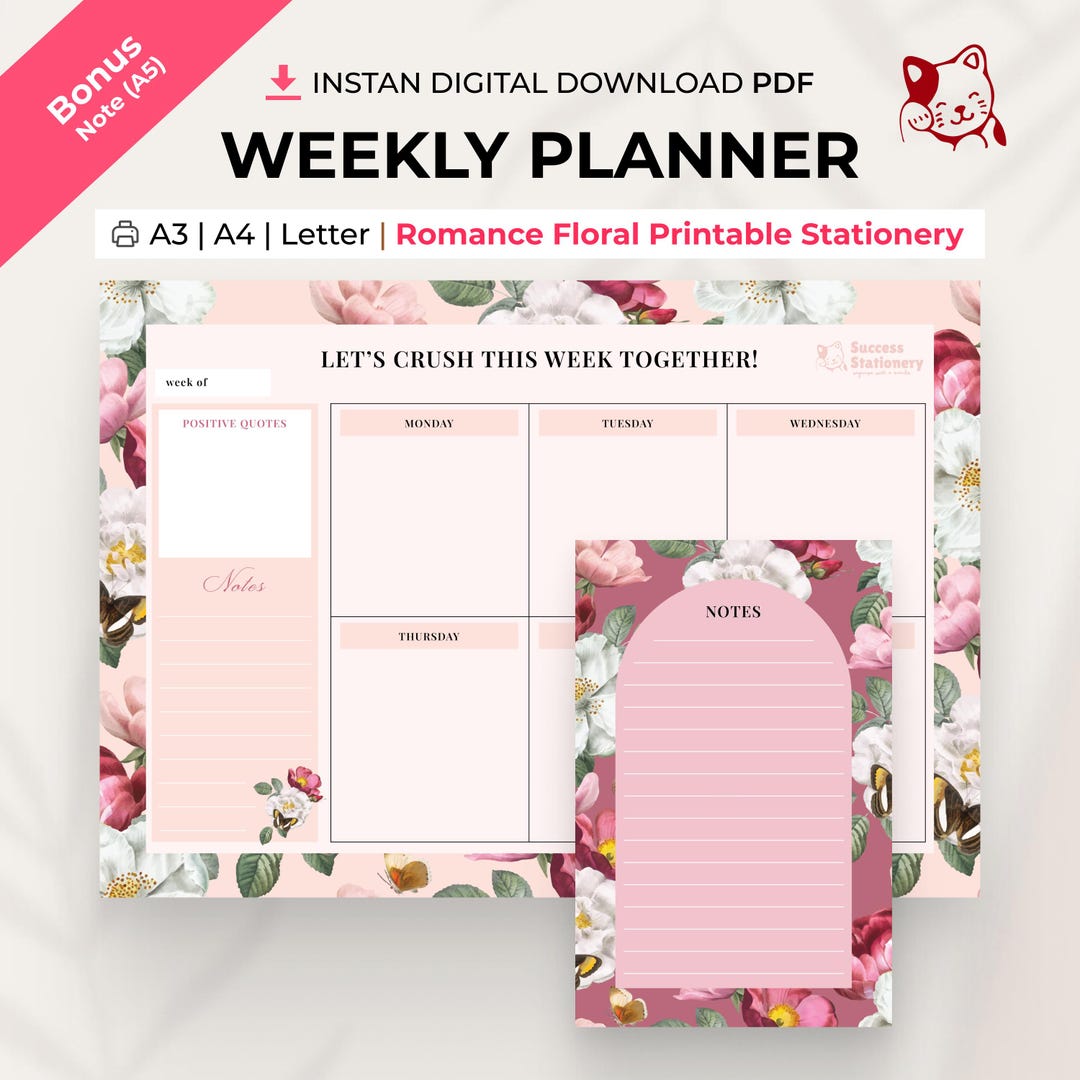Romance Floral Weekly Planner | A3, A4 & Letter PDF | Printable To-do ...