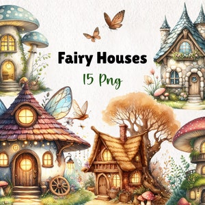 Watercolor Fairy Houses Clipart | Whimsical Cottage Digital Art for Scrapbooking, Card Making, and More | 15 PNG Instant Download