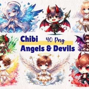 Aquarel Chibi-afbeeldingen engelen en duivels | Leuke digitale kunst voor scrapbooking, uitnodigingen, stickers en meer | PNG-bestanden voor commercieel gebruik