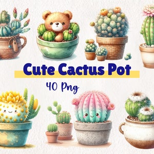 Pot de cactus mignon aquarelle Clipart | Fichiers PNG à usage commercial | Fournitures de bricolage | 40 PNG Téléchargement instantané | Cactus | Art numérique adorable