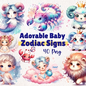 Aquarel schattige baby sterrenbeelden clipart |  Schattige sterrenbeelden sterrenbeelden voor kinderkamerdecoratie | Digitale download | Zodiac 40 png-afbeelding