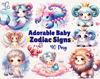 May include: A set of 40 adorable baby zodiac signs, each with a unique and colorful design. The signs are depicted as cute animals, such as a lion, a crab, and a ram, with sparkling eyes and whimsical details. The text "Adorable Baby Zodiac Signs 40 Png" is displayed in a yellow banner.