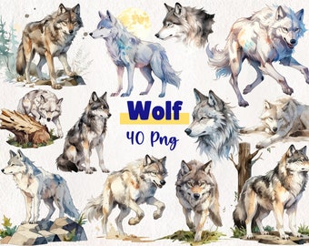 Watercolor Wolf Clipart – 40 PNG Set