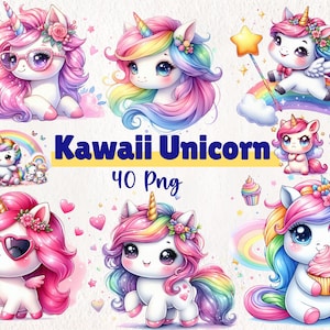 Clipart di unicorno kawaii acquerello / Arte digitale di unicorno carino / Illustrazioni di unicorno pastello / Download immediato di 40 PNG / Clipart magico