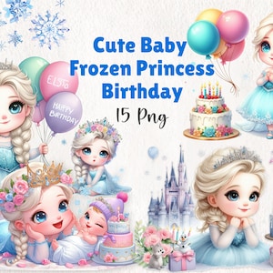 Watercolor Cute Baby Frozen Princess Birthday Clipart | Adorable Elsa Princess Birthday | Kids Party Printable |  15 PNG Instant Download |