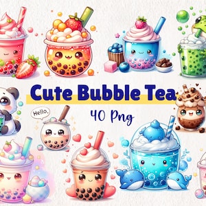 Acuarela lindo té de burbujas clipart / uso comercial archivos PNG / suministros de artesanía diy / 40 PNG descarga instantánea / juego de té de burbujas.