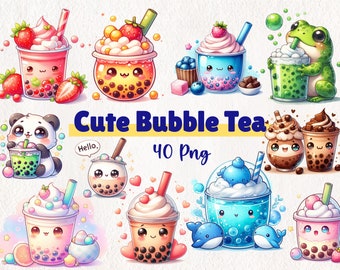 Może przedstawiać: Urocze kreskówkowe ilustracje bąbelkowej herbaty z różnymi dodatkami i postaciami, w tym pandą, żabą i wielorybami. Tekst "Cute Bubble Tea: 40 Png" jest wyświetlany w środku obrazu.