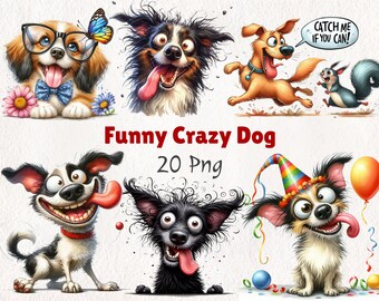 Può includere: Una collezione di 20 illustrazioni di cani cartoon con diverse espressioni e pose. I cani sono raffigurati in uno stile fantasioso con tratti esagerati e colori vivaci. Il testo "Funny Crazy Dog 20 Png" è visualizzato nella parte inferiore dell'immagine.
