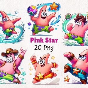 May include: A set of 20 digital illustrations featuring a pink cartoon starfish in various poses and outfits. The starfish is wearing a cowboy hat, a wrestling outfit, a lifeguard uniform, and other fun costumes. The illustrations are perfect for creating stickers, greeting cards, or other creative projects.