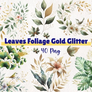 Aquarel bladeren gebladerte goud glitter clipart - botanische bloemen digitale download voor uitnodigingen, scrapbooking en meer