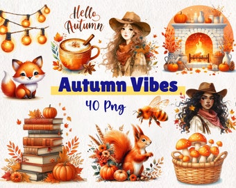 Op de afbeelding: Een set van 40 digitale illustraties met een herfstthema, waaronder een vos, een eekhoorn, een bij, een kopje koffie, een open haard, een meisje met een cowboyhoed, een stapel boeken, paddenstoelen in een mand en pompoenen. De illustraties zijn in aquarelstijl en bevatten warme kleuren zoals oranje, bruin en geel.