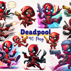 Aquarel schattige Deadpool Chibi-clipart | Eigenzinnige en schattige digitale download voor al je knutselavonturen! | 40 png-bestanden direct downloaden