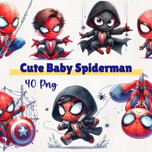 Acuarela lindo bebé Spiderman Clipart / Adorable arte de superhéroe para niños / uso comercial archivos PNG / 40 PNG Descarga instantánea