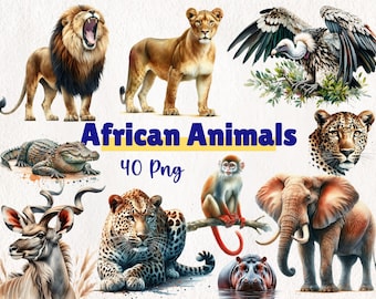 Watercolor African Animals Clipart | 40 PNG Instant Download| Perfect for Your Creative Projects | Commercial Use PNG Files.
