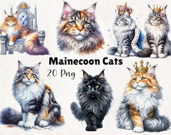 Watercolor Mainecoon Cats Clipart | Cat Digital Download, Feline Art Printables, Cat Lover’s Graphics | 20 PNG Instant Download
