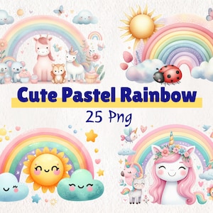 Clipart de arco-íris pastel fofo em aquarela | Download digital pintado à mão para artesanato, convites e arte de parede DIY |