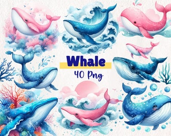 Watercolor Whales Clipart – Pink and Blue 40 PNG Set