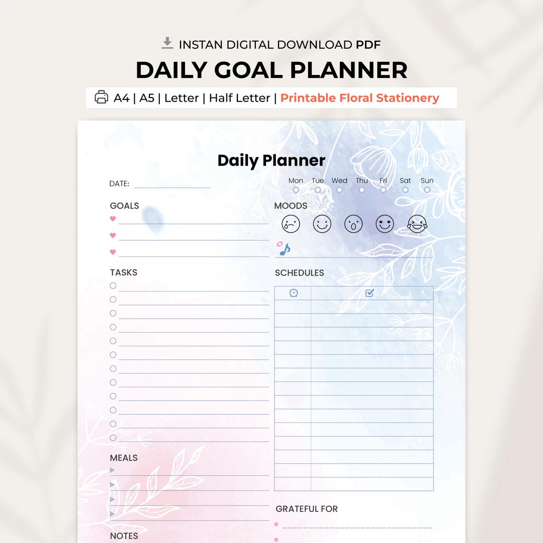 Printable Pastel Floral Daily Planner | A4, A5, Letter PDF | Goal ...