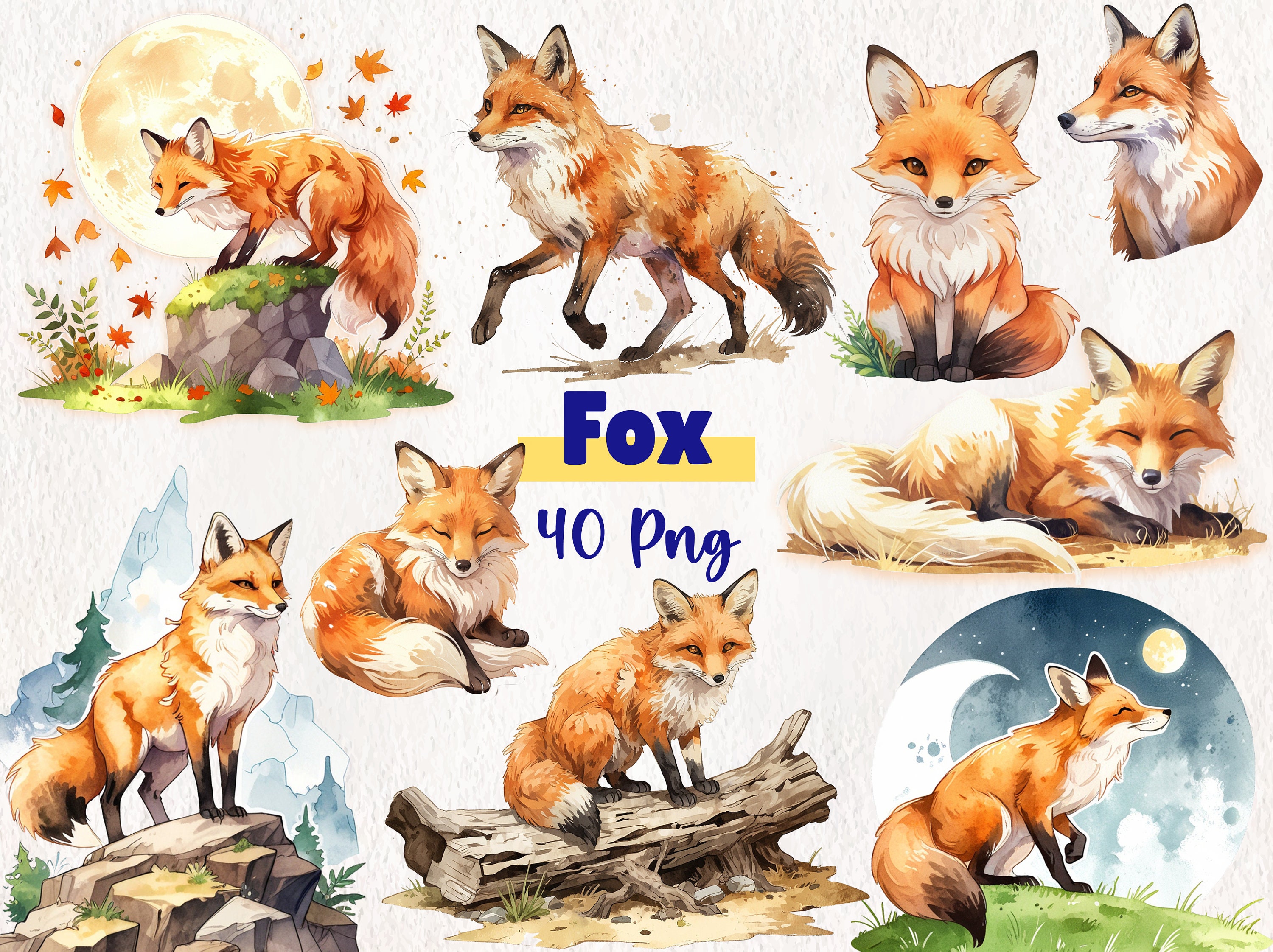 Watercolor Fox Clipart | Cute Woodland Animal Illustrations | Commercial Use PNG Files | DIY Craft Supplies | 40 PNG Instant Download | Fox