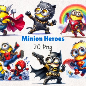 Aquarell Minion Helden Clipart | Niedliches Superhelden Minion Clipart Bundle | 20 Digitaler Download | Kinder Party Dekorationen | Regenbogen-Rächer