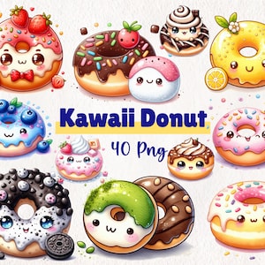 Clipart di ciambelle kawaii ad acquerello / Illustrazioni digitali di ciambelle carine / Grafica di dessert dolci / Arte di ciambelle pastello / Download immediato di 40 PNG