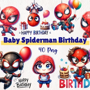 Acquerello Baby Spiderman Compleanno Clipart / Download digitale simpatico supereroe / Perfetto per inviti e decorazioni di compleanno per bambini
