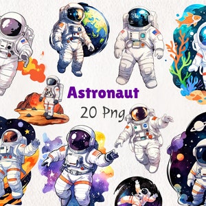 Aquarell Astronaut Clipart | Cosmic Adventure Digitale Illustrationen für DIY Projekte | 20 PNG Sofort-Download | Platz