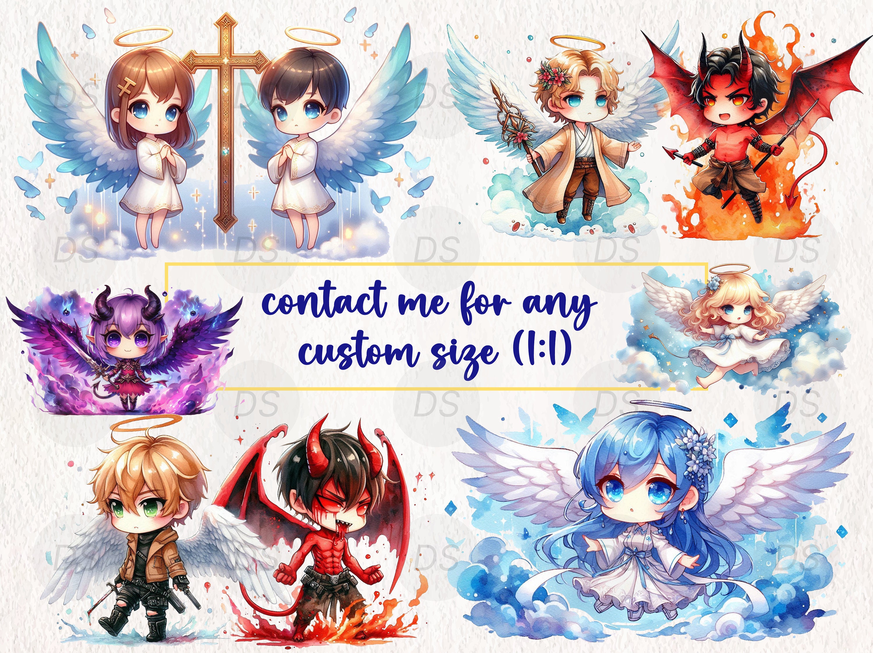Watercolor Chibi Angels and Devils Clipart – 40 PNG Set - Etsy