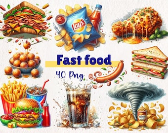 Watercolor Fast Food Clipart – 40 PNG Set