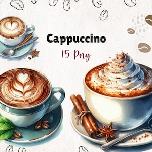 Clipart de xícaras de cappuccino em aquarela | Download digital pintado à mão para amantes de café e cafés | 15 download instantâneo PNG