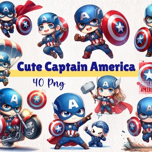 Aquarell Süsses Captain America Clipart | Bezaubernde Superhelden-Kunst für Kinder | Kommerzielle Nutzung PNG-Dateien | 40 PNG Sofortdownload