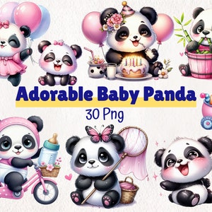 Aquarel schattige babypanda-clipart | Schattige dierenillustraties voor kinderen | PNG-bestanden voor commercieel gebruik | 30 png-bestanden direct downloaden