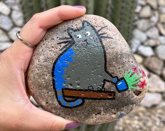 Custom Acrylic Painted Rock Art, Mischievous Cat Knocked Vase. Desk cat