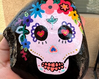 Custom painted Rock Art, Sugar Skull, Mexican, Flowers, Gift for them