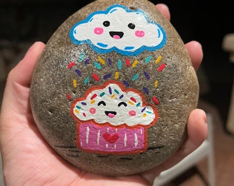 Painted Rock Art, Cupcake and Cloud Design, Custom Rock Gift. A gift for that one who brightens your day!