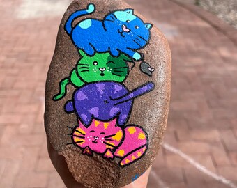 Stacked Cats Painted Rock, Acrylic Cat Lover Gift. Cats on Cats on Cats!