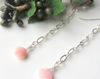 Opal Shoulder Duster Earrings, Long Pink Opals, Minimalist Jewelry, Dainty Wire Wrapped Gemstones, Sterling Silver Chain Earrings, Gift Idea