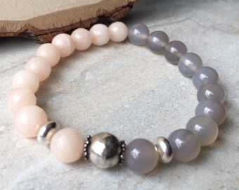 Peach Gray Moonstone Stretch Bracelet, Sterling Silver and Semi Precious Gemstones