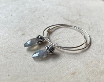 Labradorite Hoop Earrings Sterling Silver Gemstone Earrings Dainty Circles