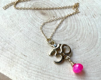 Bright Pink Chalcedony Gold Pendant Ohm Symbol Necklace, Gold Fill Cable Chain