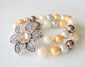 Double Strand Pearl Stretch Bracelet - Multicolor Beaded Pearl Bracelet - Wedding Bridal - Glass Pearls with Flower